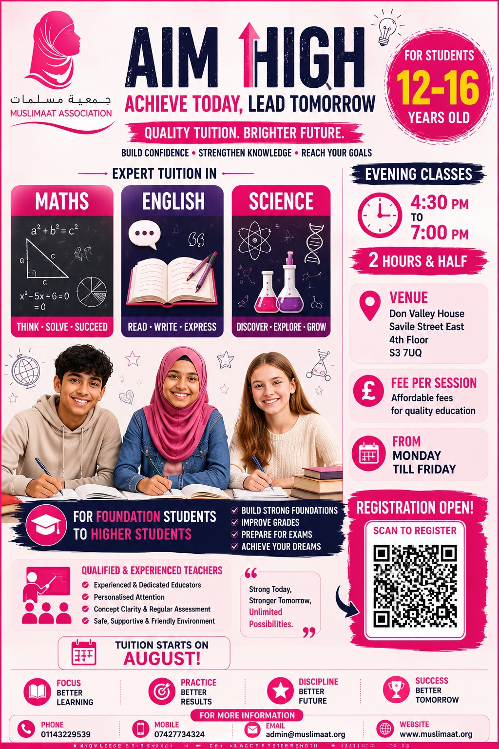 Aim High tuition evening classes poster for students aged 12 to 16